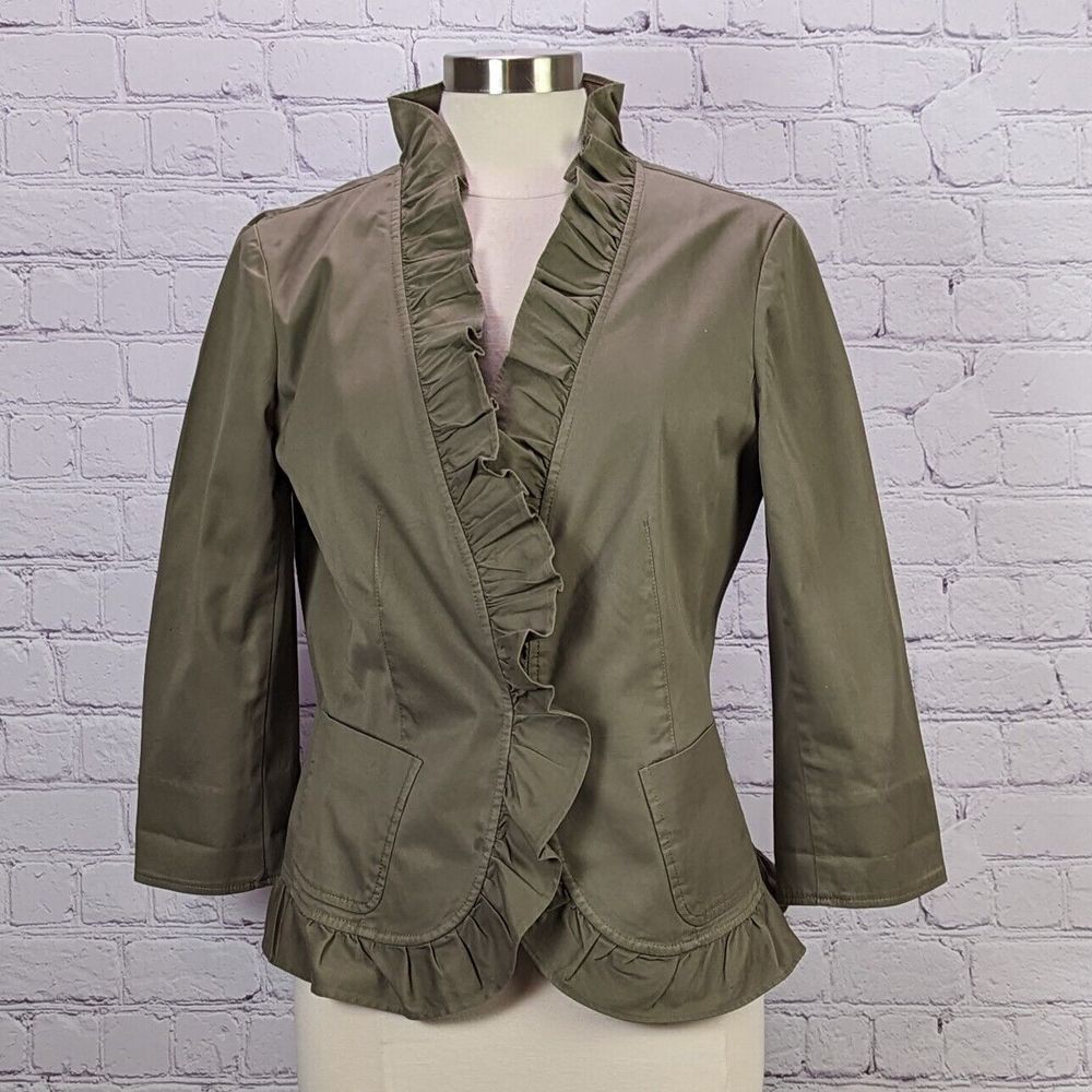 Talbots Size 12 Blazer Jacket Fatigue Green with Ruffled Neckline & Collar 3/4